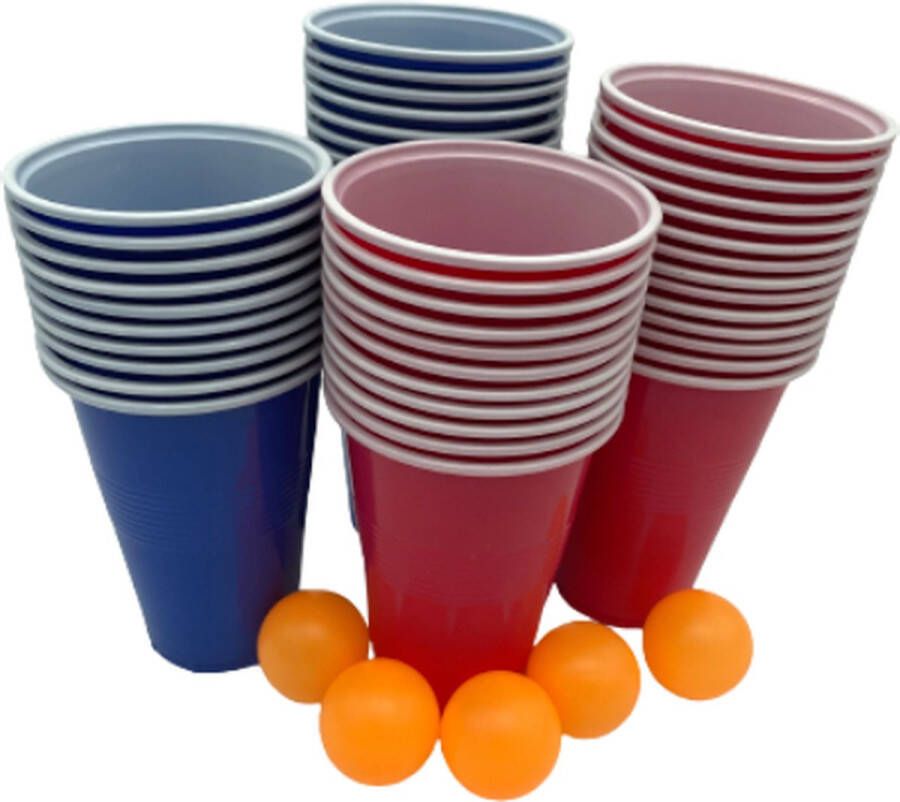 Kyto Games Beer pong drankspel 50 herbruikbare rode en blauwe bekers (475ml) incl. 5 balletjes