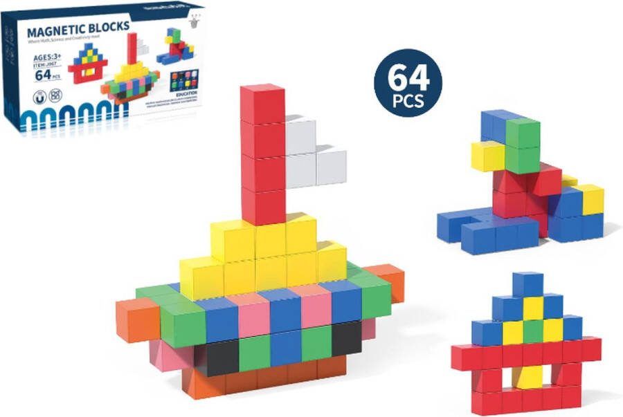 Kyubey Magnetische bouwblokjes 64 stuks (3j+) Magnetisch speelgoed Magnetische bouwstenen met opbergzakje Educatief speelgoed 64 stuks