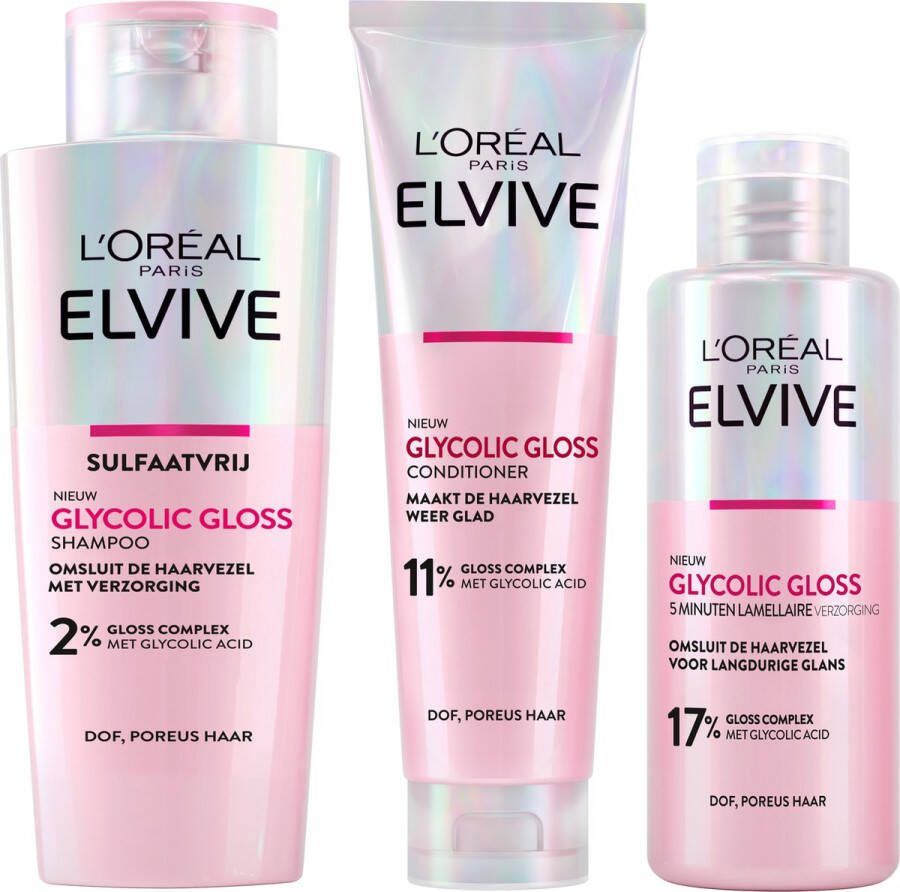 L Oréal Paris L'Oréal Paris Elvive Glycolic Gloss Shampoo Conditioner & 5 min Lamellaire Verzorging Bundel voor dof poreus haar met glycolic acid voor glanzend haar 200ml 150ml & 200ml