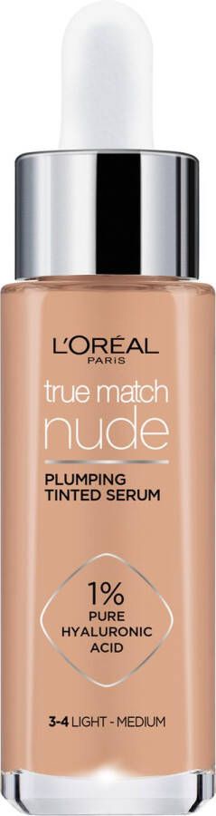 L Oréal Paris L'Oréal Paris True Match Nude Volumegevend Getint Serum Foundation met hyaluronzuur 3-4 Light Medium 30ml Vegan