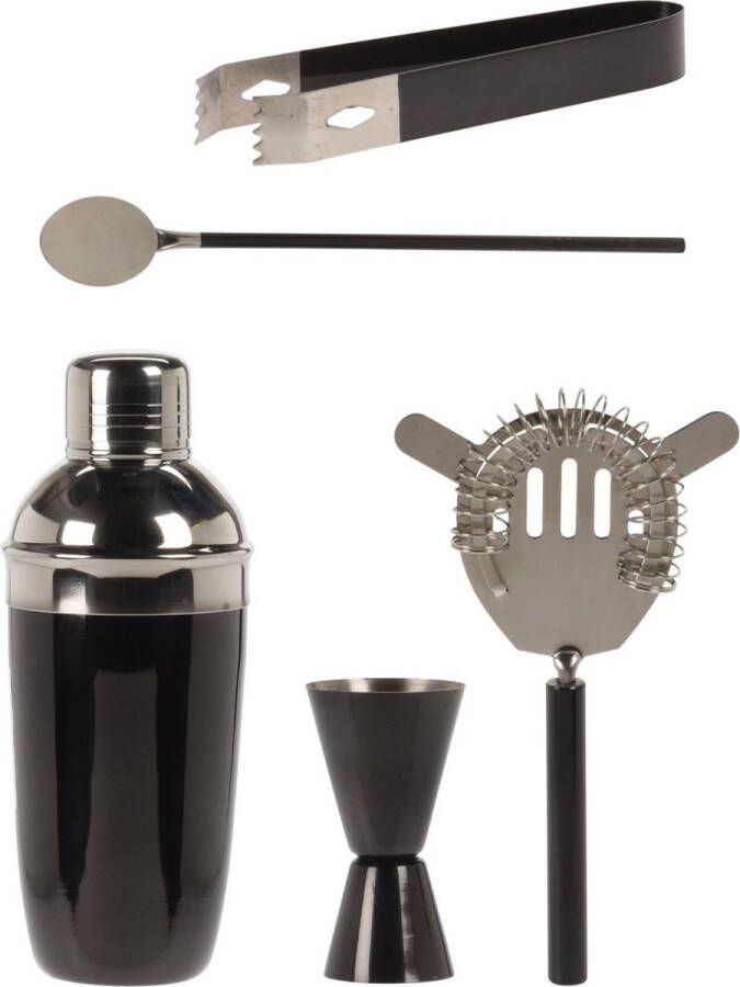 Excellent Houseware RVS barset cocktailset giftset met cocktailshaker 5-delig zwart Cocktailshakers