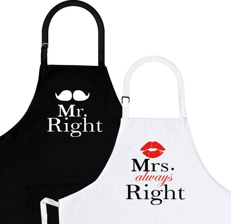 L28 Schort 2-Pack Mr & Mrs Right Barbecue schort Zwart Wit Koken Kookschort Katoen Sloof