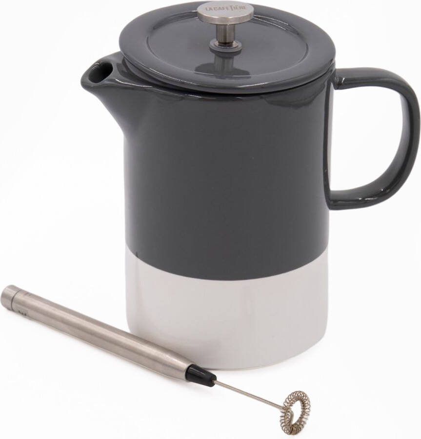 La Cafetière 2-delige koffieset met Barcelona 6-kops keramische cafetière en melkopschuimer op batterijen