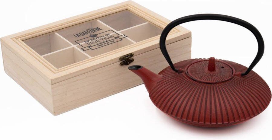 La Cafetière 2-delige theeset inclusief rode gietijzeren Japanse theepot met thee-ei 600 ml en theedoos met houten compartiment