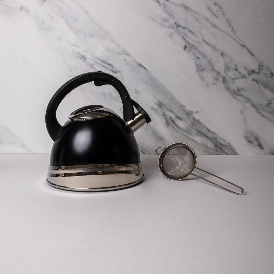 La Cafetière 2-delige theeset met 2L stalen zwarte fluitketel en roestvrij stalen theezeefje