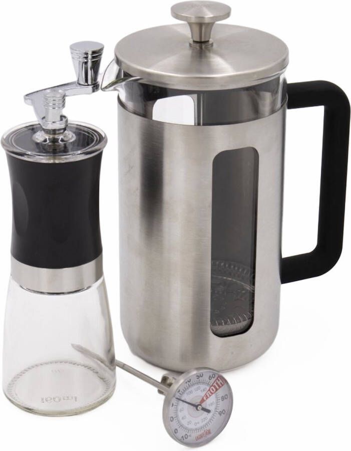 La Cafetière 3-delige Cafetière Geschenkset met roestvrijstalen Pisa 8-kops Cafetière handmatige koffiemolen en melkopschuimthermometer