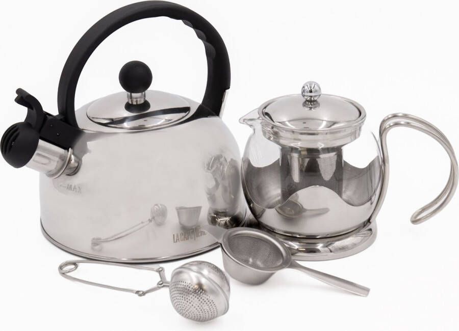 La Cafetière 4-delige theeset met glazen theepot 600 ml fluitketel 1 3 liter theezeef met standaard en roestvrij stalen thee-ei