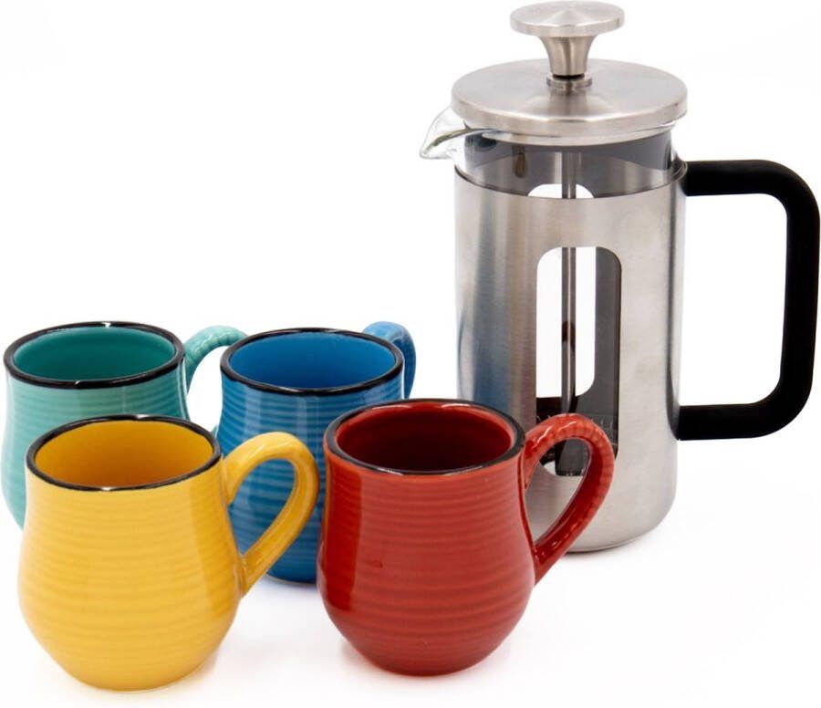 La Cafetière 5-delige Cafetière Set met Pisa 3-kops roestvrijstalen Cafetière en vier Mysa keramische espressokopjes