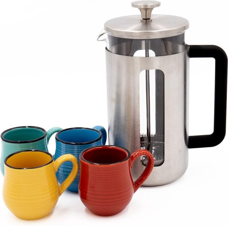 La Cafetière 5-delige Cafetière Set met Pisa 8-kops roestvrijstalen Cafetière en vier keramische espressokopjes