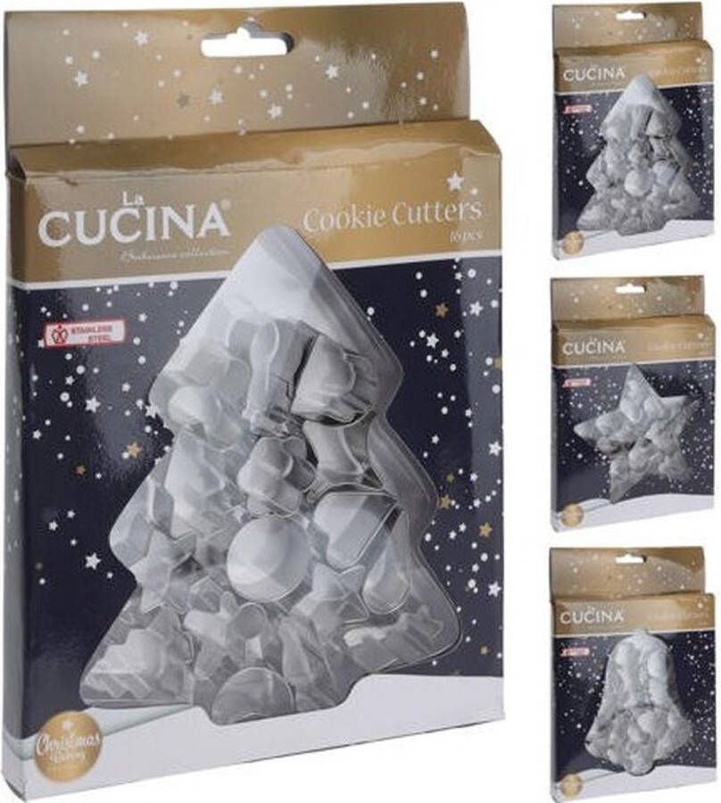 La Cucina 16 delige Set Uitsteekvormen (Kerst)koekjes uitsteker Bakvormpjes RVS