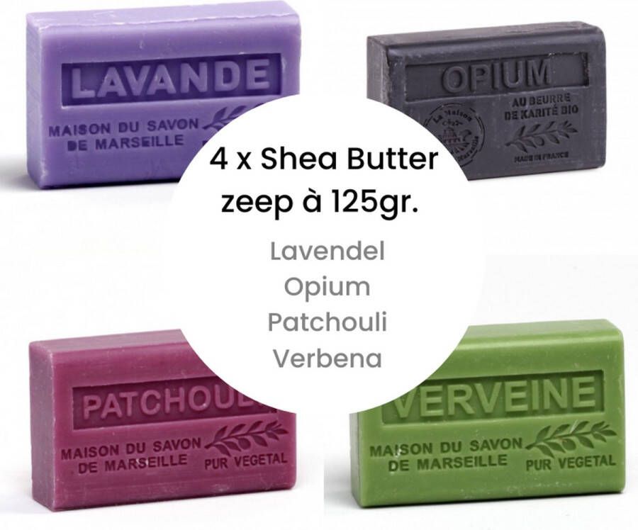 La Maison du Savon de Marseille Handzeep Body Bar Face Bar 4 x 125gr. Shea Butter Zeep Biologisch Marseille Zeep Stukjes Lavendel Opium Patchouli Verbena Huidverzorging