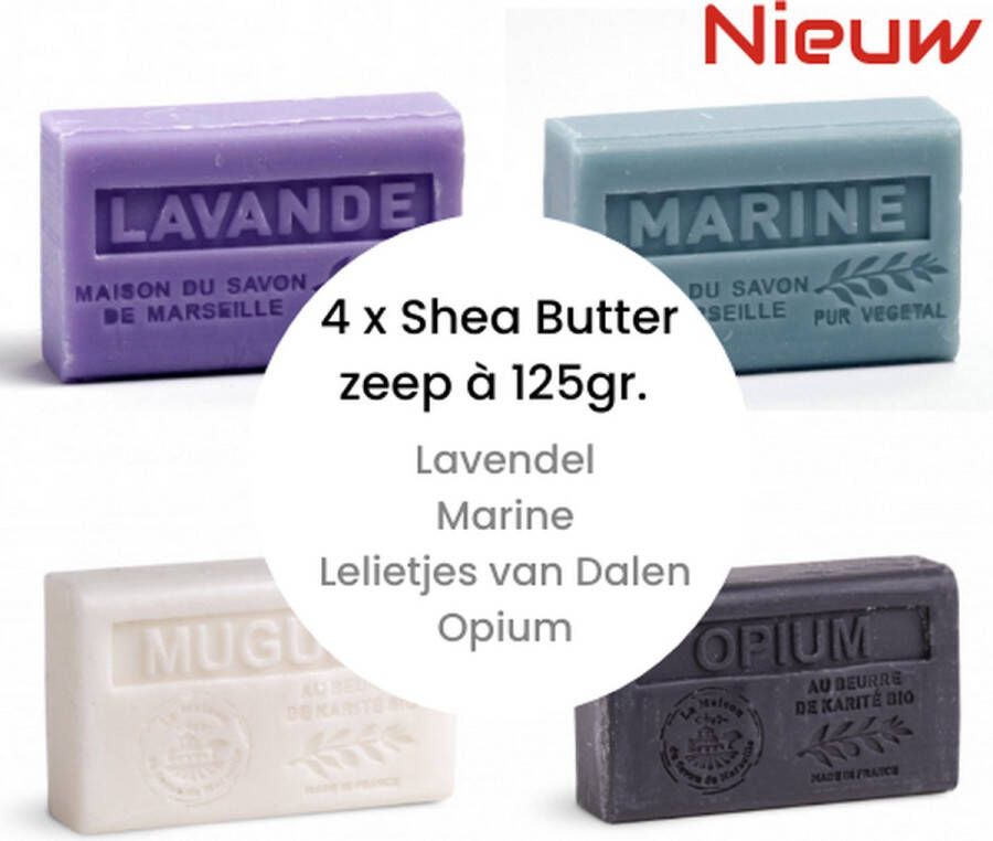 La Maison du Savon de Marseille Handzeep Body Bar Face Bar 4 x 125gr. Shea Butter Zeep Biologisch Marseille Zeep Lavendel Marine Opium Lelietjes van Dalen Huidverzorging