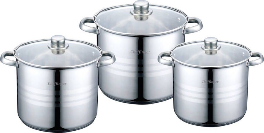 La Sheba Cheffinger Pannenset Inductie-6 Delig Kookpannen Set Met Glazen Deksel Ø 26 28 30 cm 11.1 13.5 16.2 Liter Geschikt Voor Alle Warmtebronnen RVS
