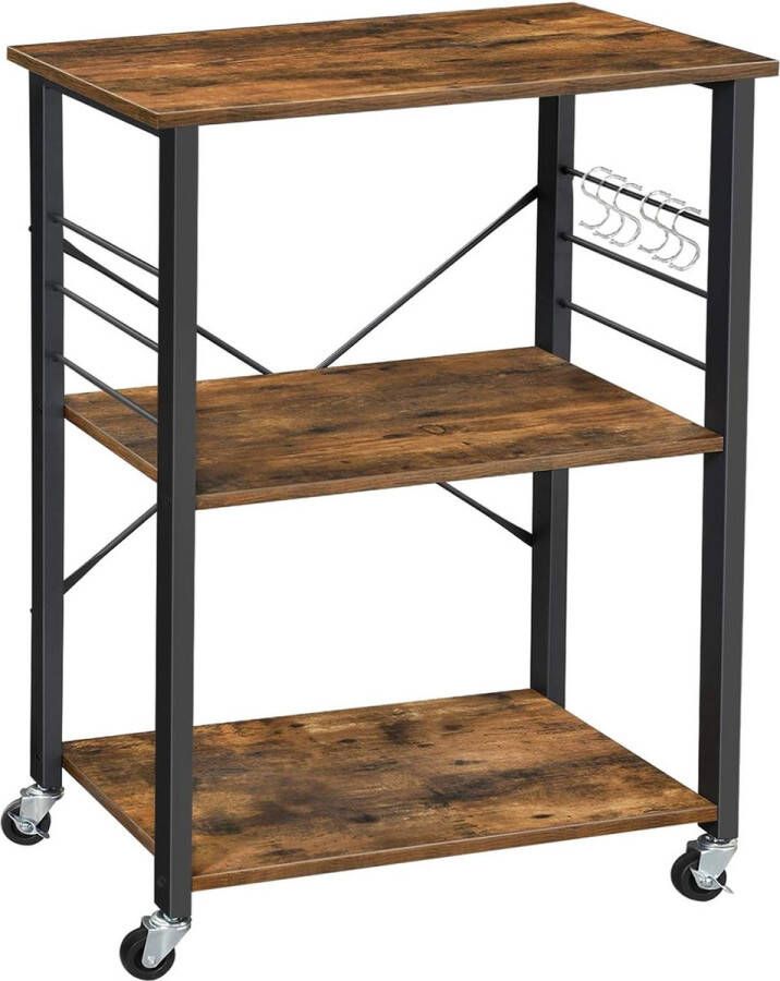La Sheba VASAGLE Keukenrek met wieltjes trolley met 3 niveaus houder voor magnetron oven broodrooster metalen frame met 6 haken industrieel rustiek bruin en zwart KKS60XV1