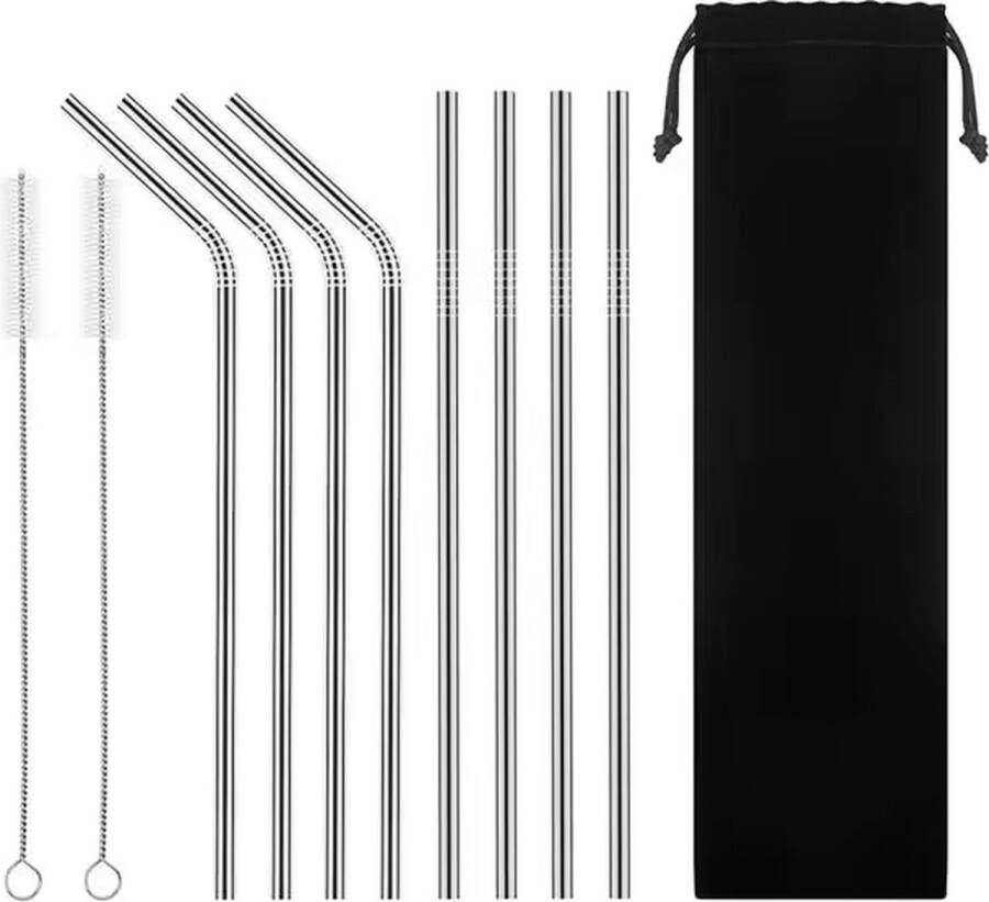Laavir RVS rietjes herbruikbaar set 8 stuks lengte 21 5cm (4 recht en 4 gebogen stalen rietjes) incl. 2 schoonmaakborsteltjes & zakje Een bewuste keuze voor het milieu stijlvol en duurzaam