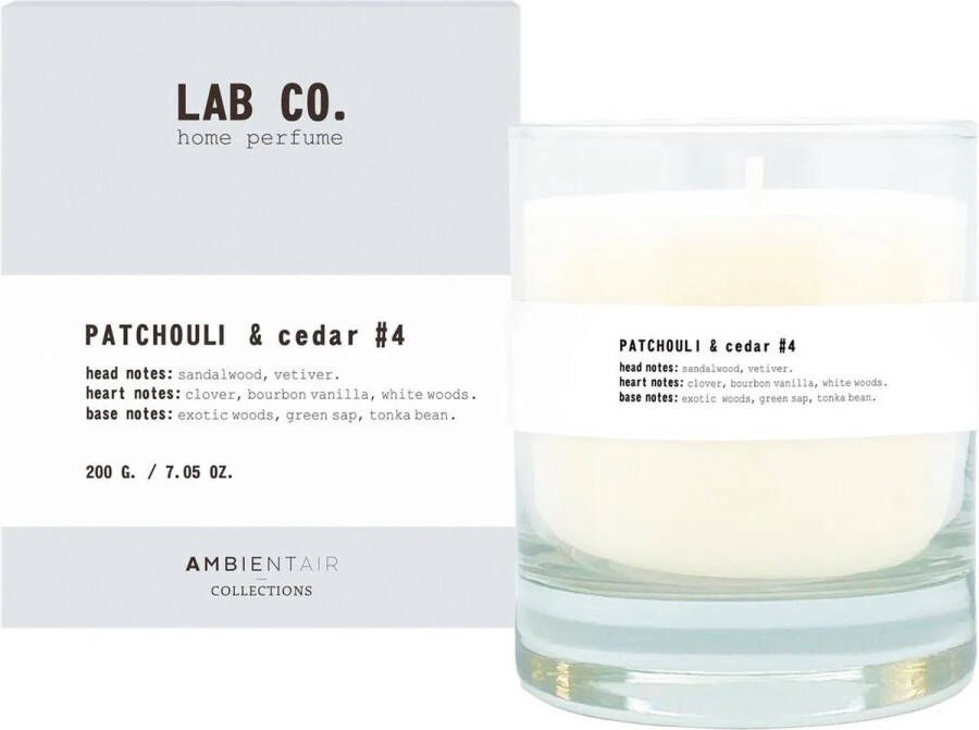 Lab Co. Geurkaars 40 uur – LAB CO – Patchouli en Cedar #4 Sandelhout Bourbon vanille Exotische houtsoorten 200 gram
