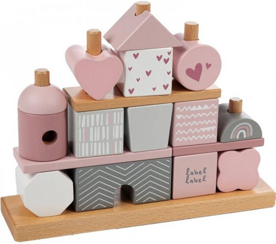 Label | Wooden stacking blocks | Stapelblokken huisje | Pink Roze