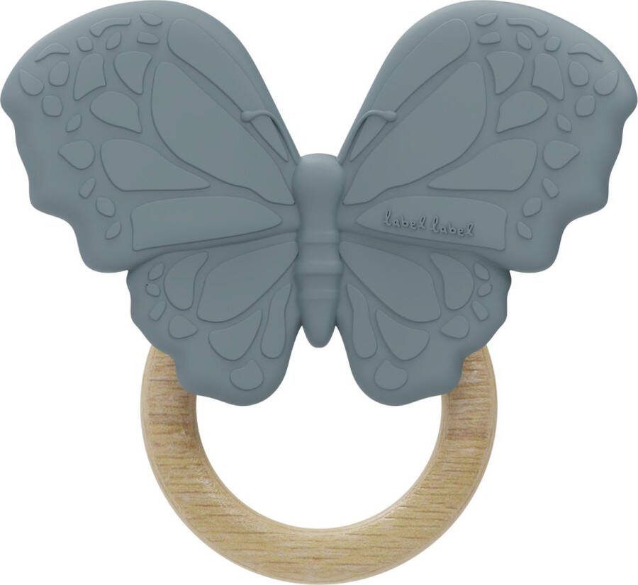 Label Vlinder Blauw Silicone Hout Bijtring LLST-26948