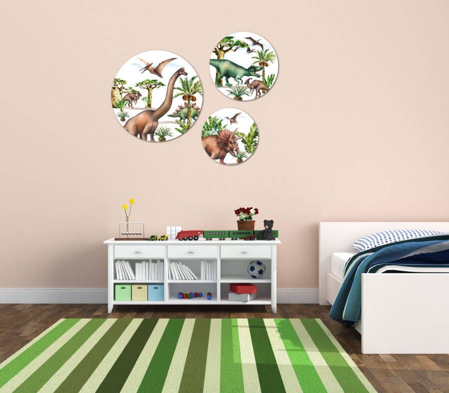 Label Zero Muurcirkel Wandcirkel stoere dinosaurus thema middel set van 3 muurcirkels + ophangsysteem Decoratie kinderkamer babykamer jongens & meisjes