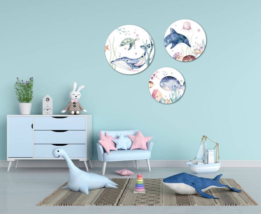 Label Zero Muurcirkel Wandcirkel binnen zeedieren onderwater thema groot set van 3 muurcirkels Decoratie kinderkamer babykamer jongens & meisjes