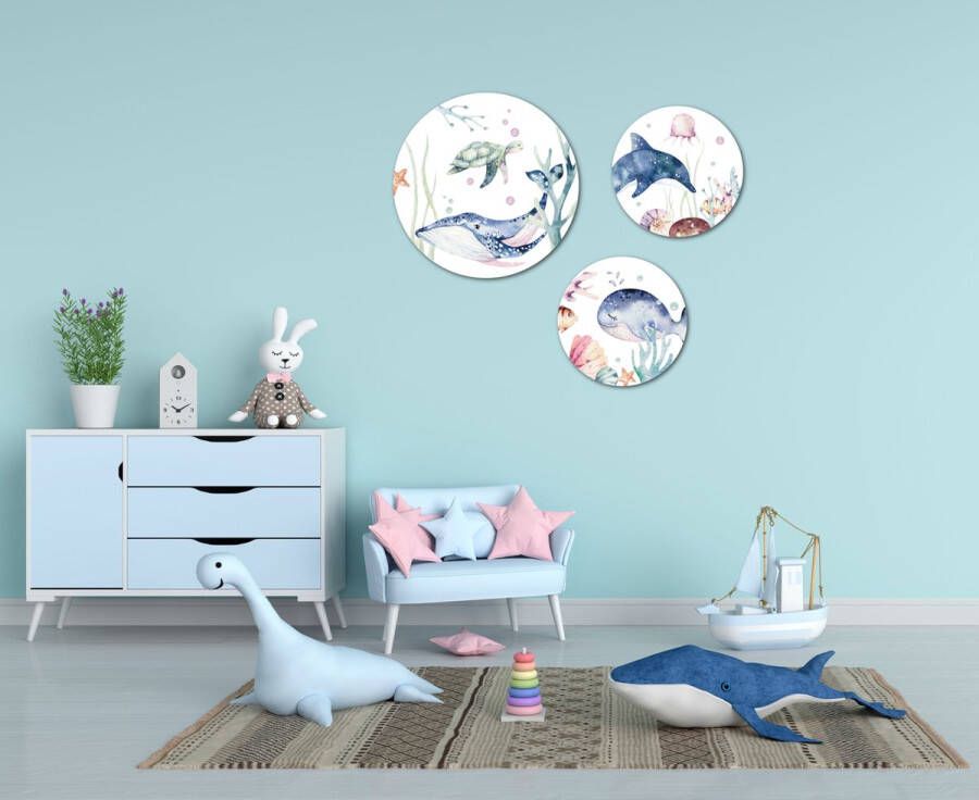 Label Zero Muurcirkel Wandcirkel binnen zeedieren onderwater thema set van 3 muurcirkels Decoratie kinderkamer babykamer jongens & meisjes