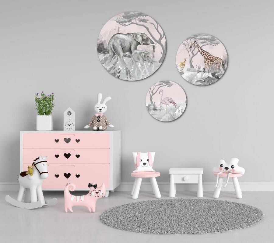 Label Zero Muurcirkel Wandcirkel Olifant op safari groot set van 3 muurcirkels Decoratie kinderkamer babykamer jongens & meisjes