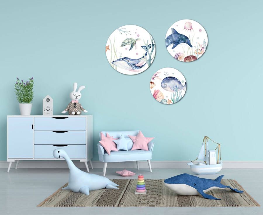 Label Zero Muurcirkel Wandcirkel zeedieren onderwater thema groot set van 3 muurcirkels Decoratie kinderkamer babykamer jongens & meisjes