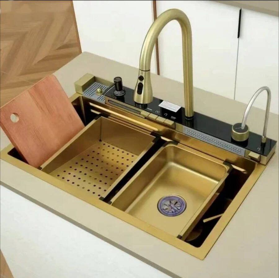 LABOZA Multi-Sink Goud Multifunctionele Spoelbak Keuken Bekerspoeler Zeepdispenser Complete Set Met Kraan 3 Standen