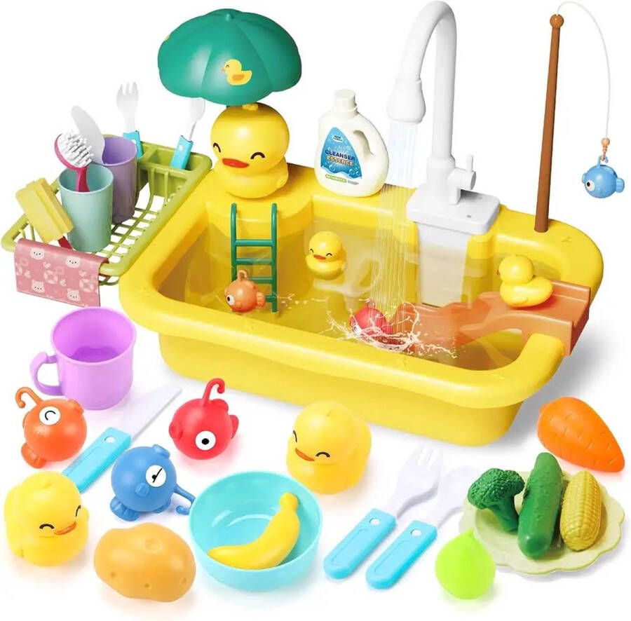 Ladanas 2in1 Hengelspel & Speelgoed Gootsteen REALISTISCHE Speelgoed keuken met STROMEND WATER & 30 accessoires Kinderkeuken Speelgoed wasbak Gootsteen Speelgoed