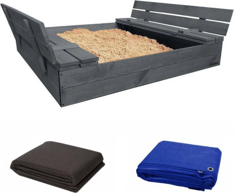 Ladanas AFSLUITBARE zandbak met banken incl. dekzeil+ gronddoek GEIMPREGNEERD hout 120x120cm Incl. Montage-video