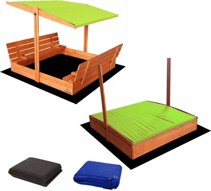 Ladanas AFSLUITBARE zandbak XL met dak en banken incl. dekzeil + gronddoek 140x140cm GEIMPREGNEERD hout Incl. Montage-video Groen