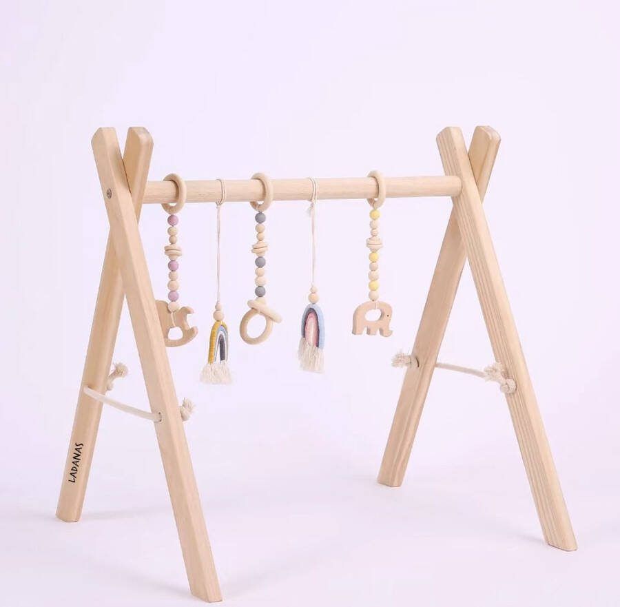Ladanas Babygym incl. 5 STIMULERENDE speeltjes – Babygym hout – Stevige & Veilige constructie – vanaf 0+ maand