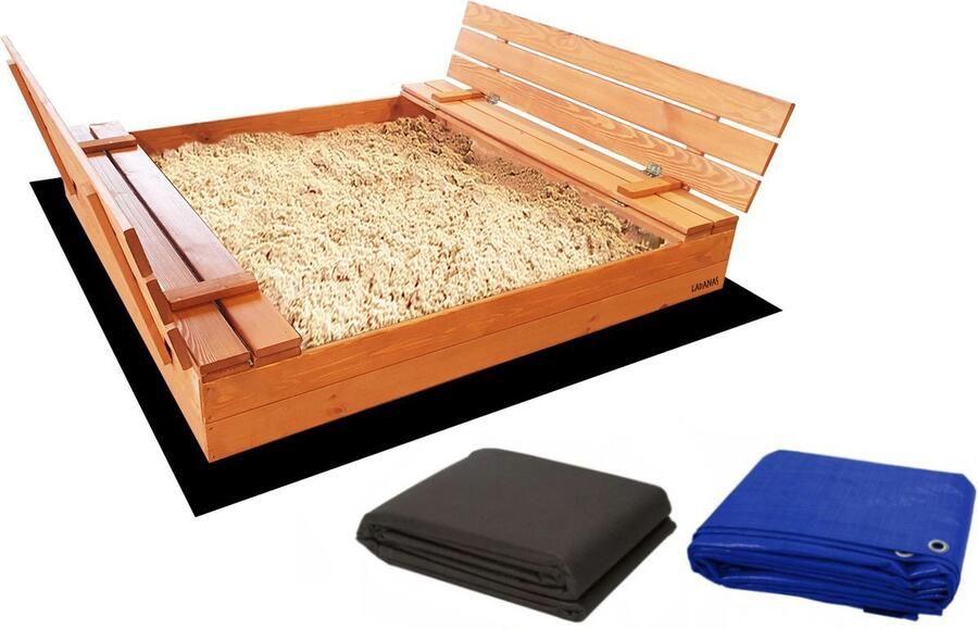Ladanas AFSLUITBARE Zandbak XL met banken incl. dekzeil+ gronddoek GEIMPREGNEERD hout 140x140 cm Incl. Montage-video