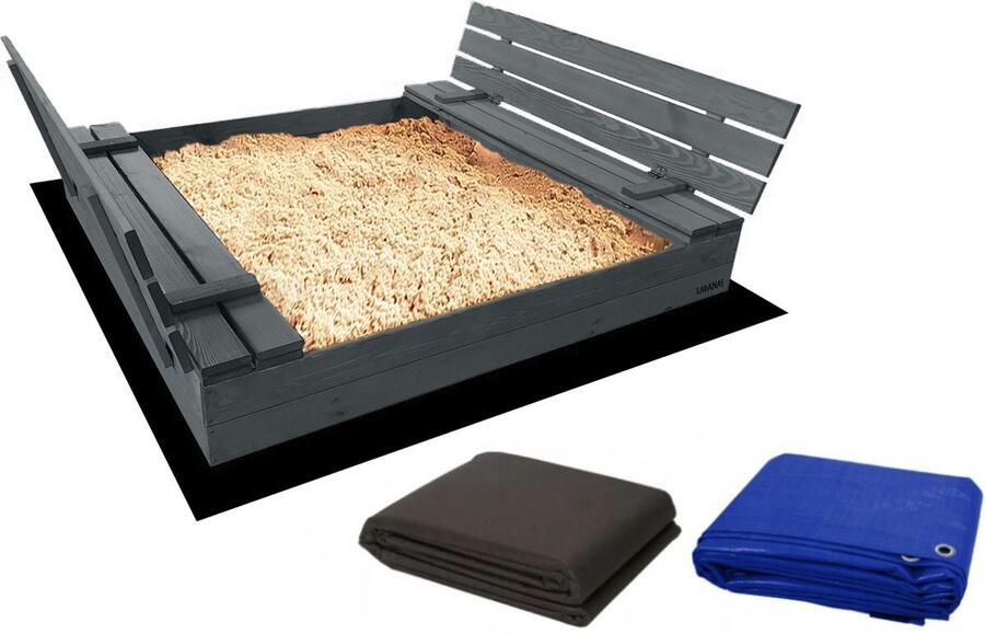 Ladanas AFSLUITBARE Zandbak XL met banken incl. dekzeil+ gronddoek GEIMPREGNEERD hout 140x140cm Incl. Montage-video