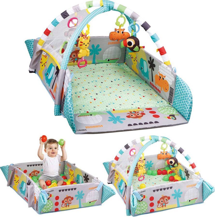 Ladanas Speelkleed baby 5in1 + Buikligtrainer BABYGYM MET AANPASBARE WANDEN Ballenbak incl 30 ballen + 5 speeltjes Activity gym baby Babygym 0m+
