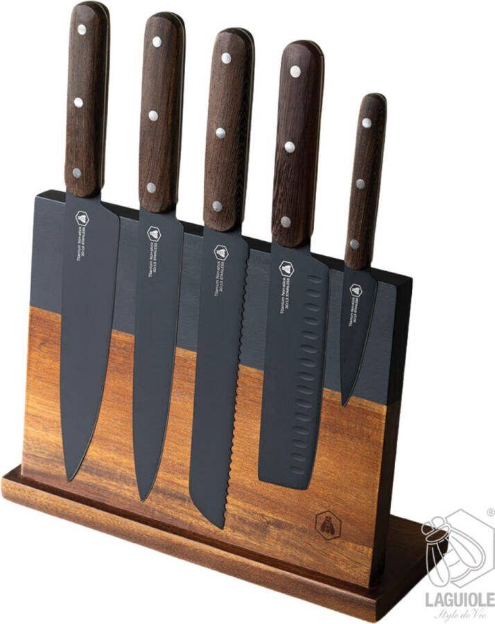Laguiole Black Edition Titanium set van 5 keukenmessen Wengé houten handvatten met Magnetisch messenblok met broodmes koksmes Santoku