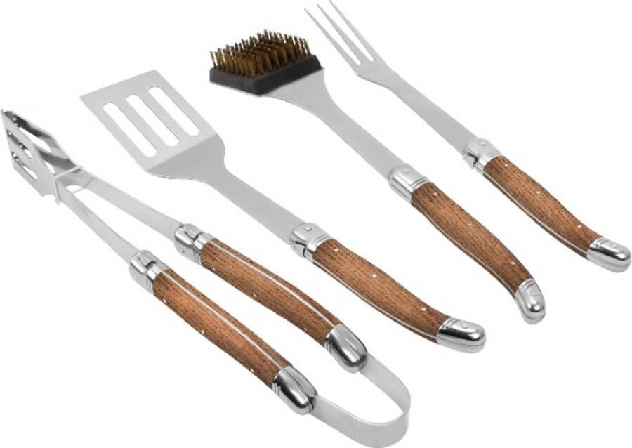 Laguiole by Haws Barbecue Set 4 delig Eikenhout RVS Barbecuespatel Vleesvork Barbecueborstel Barbecuetang