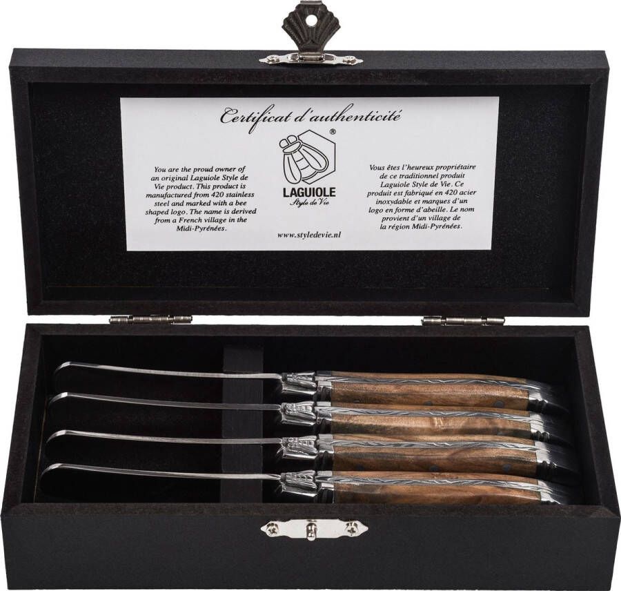 Laguiole Style de Vie Botermessen Luxury Line 4-delig Olijfhout