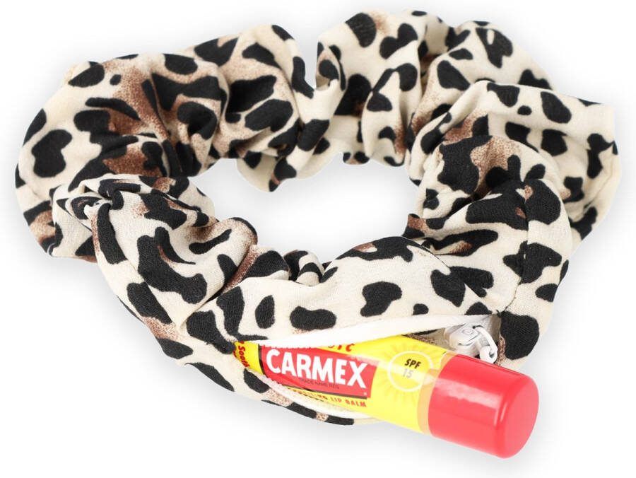 Lajetti Scrunchie Panterprint met Rits Zakje Verstop Scrunchie Haarelastiek Haaraccessoire