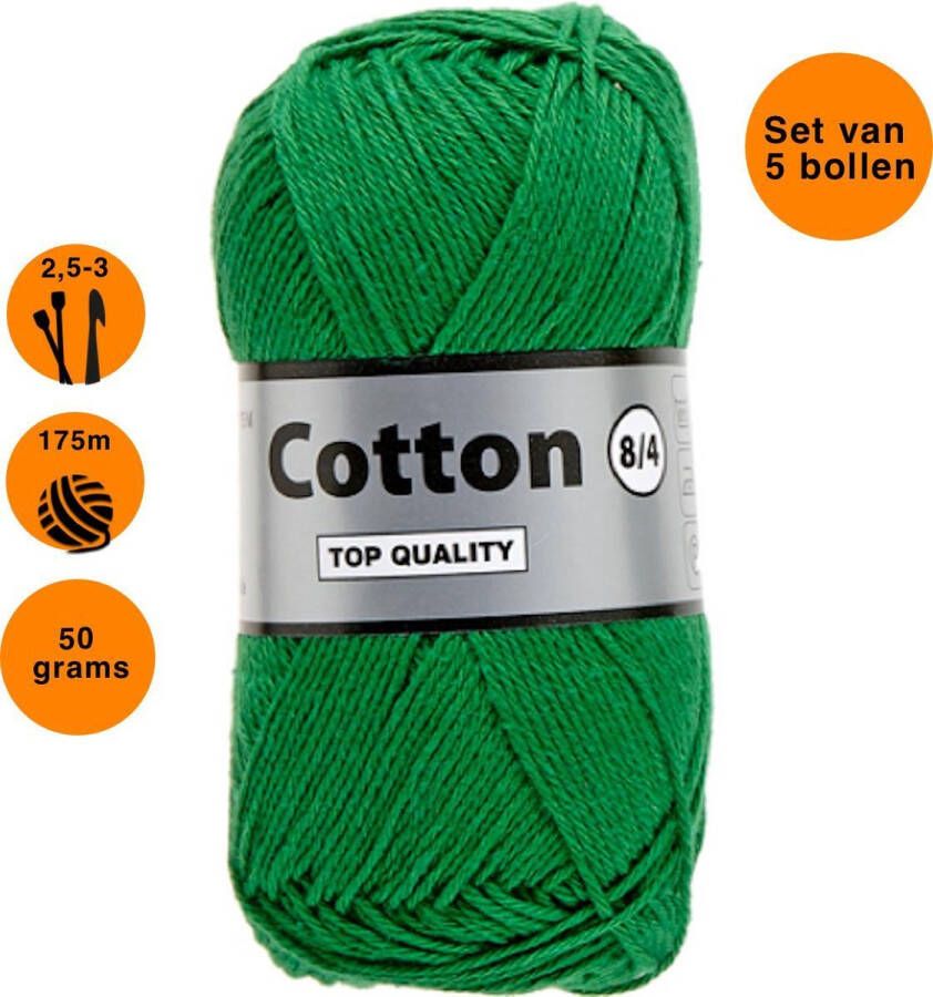 Lammy Yarns Cotton eight 8 4 5 bollen van 50 gram groen (373) dun katoen garen