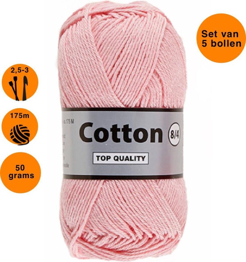 Lammy Yarns Cotton eight 8 4 5 bollen van 50 gram roze (710) dun katoen garen