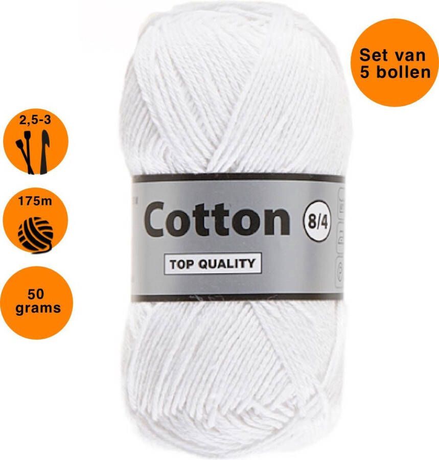 Lammy Yarns Cotton eight 8 4 5 bollen van 50 gram wit (005) dun katoen garen pendikte 2 5 a 3mm
