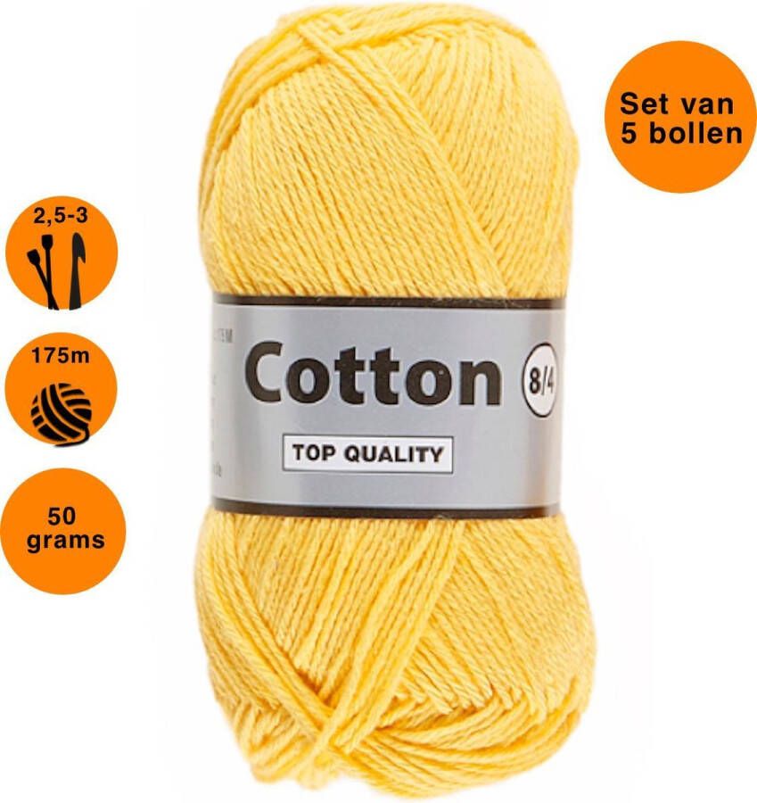 Lammy Yarns Cotton eight 8 4 dun katoen garen geel (371) pendikte 2 5 a 3mm 5 bollen van 50 gram