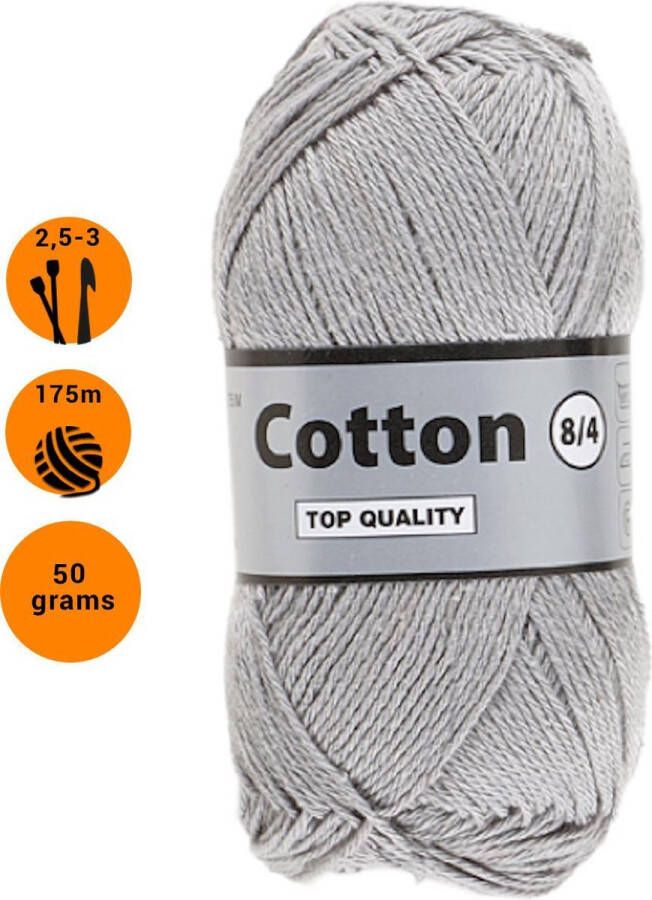 Lammy Yarns Cotton eight 8 4 dun katoen garen grijs (038) pendikte 2 5 a 3mm 1 bol van 50 gram