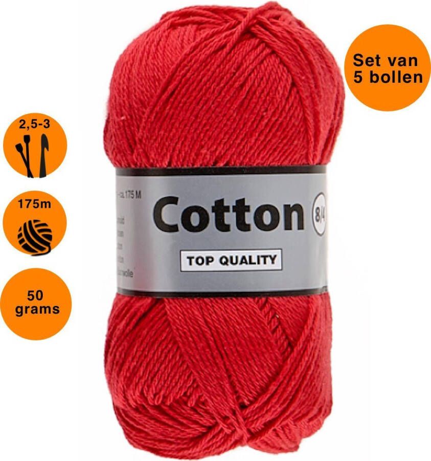 Lammy Yarns Cotton eight 8 4 dun katoen garen rood (043) pendikte 2 5 a 3mm 5 bollen van 50 gram