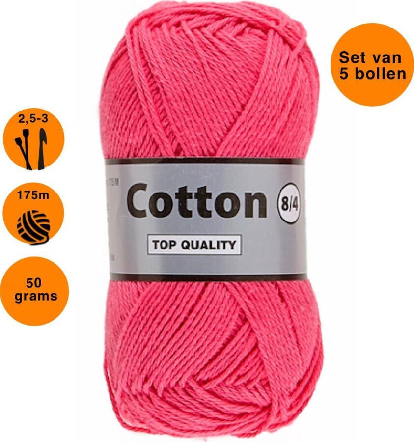 Lammy Yarns Cotton eight 8 4 dun katoen garen roze (020) pendikte 2 5 a 3mm 5 bollen van 50 gram