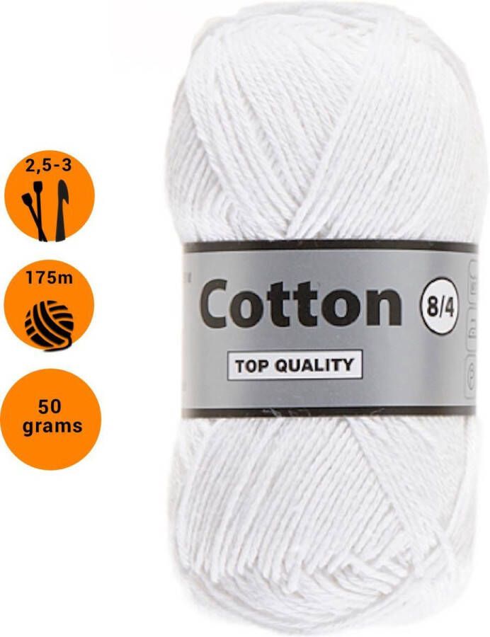 Lammy Yarns Cotton eight 8 4 dun katoen garen wit (005) pendikte 2 5 a 3mm 1 bol van 50 gram