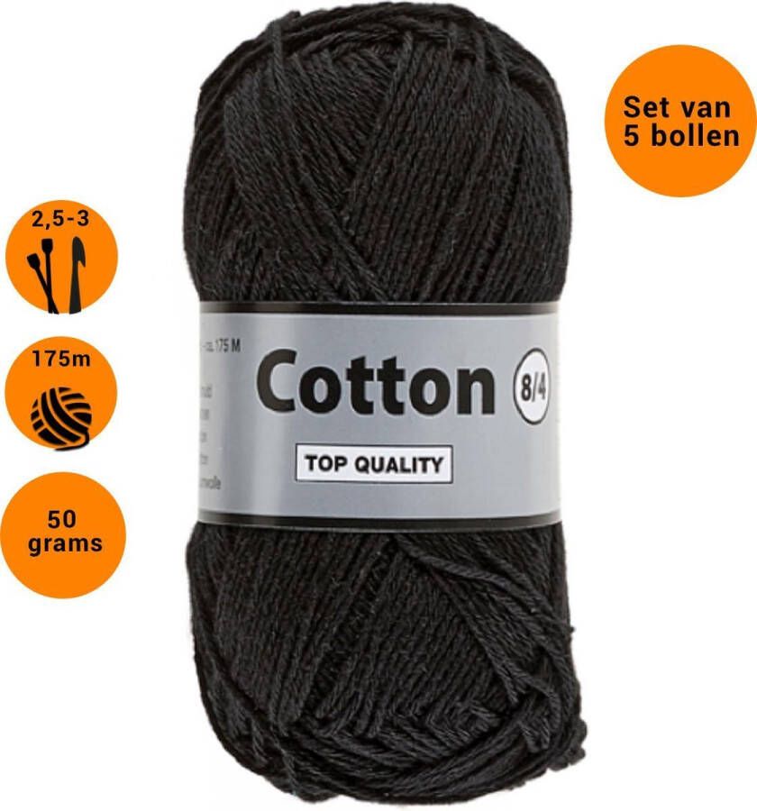 Lammy Yarns Cotton eight 8 4 dun katoen garen zwart (001) pendikte 2 5 a 3mm 5 bollen van 50 gram