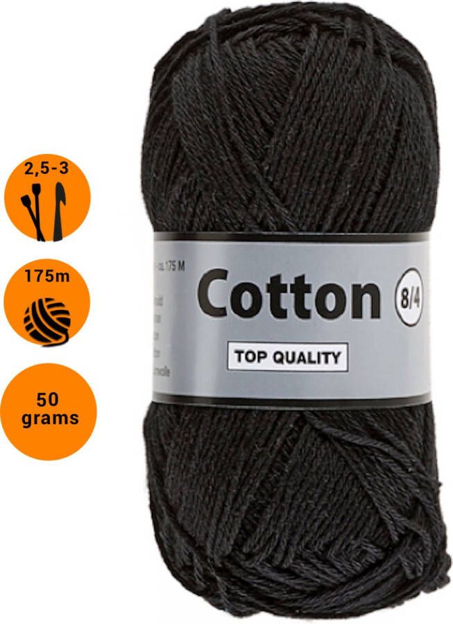 Lammy Yarns Cotton Eight 8 4 zwart (001) 1 bol van 50 gram dun katoen garen