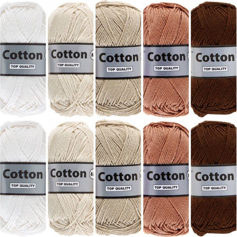 Lammy Yarns Cotton eight bruin beige katoengaren pakket 10 bollen pendikte 2 5 a 3mm